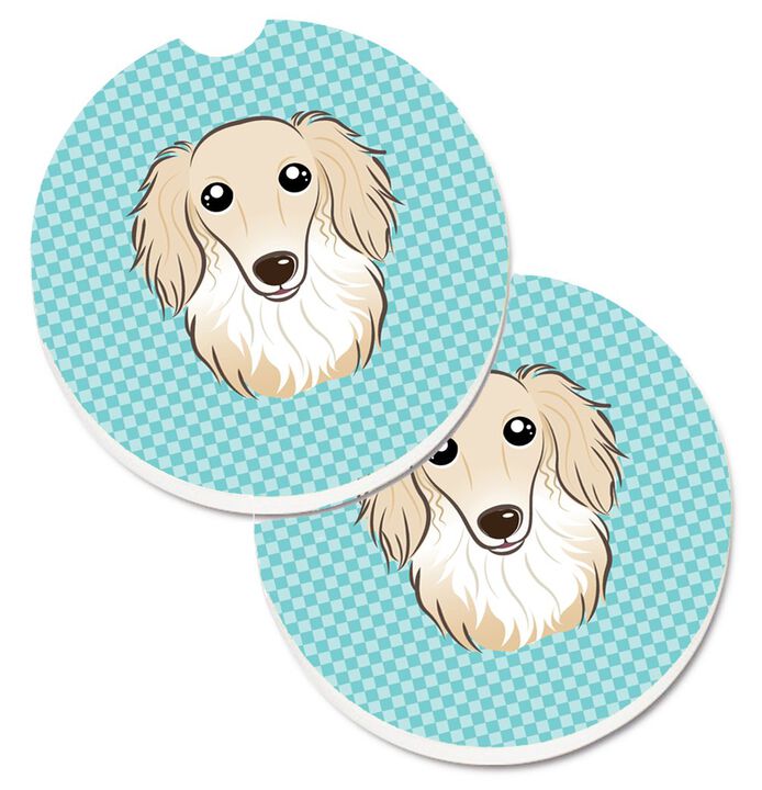 Caroline's Treasures Checkerboard Blue Longhair Creme Dachshund Set of 2 Cup Holder Car Coasters BB1150CARC, 2.56, Multicolor