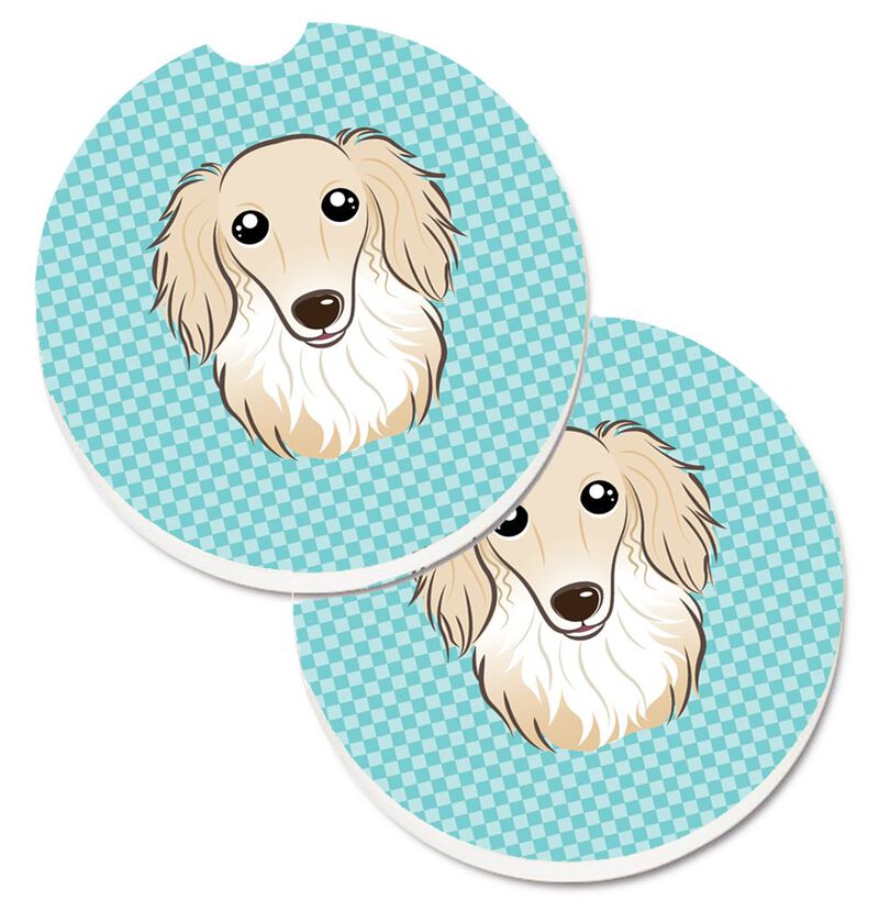 Caroline's Treasures Checkerboard Blue Longhair Creme Dachshund Set of 2 Cup Holder Car Coasters BB1150CARC, 2.56, Multicolor