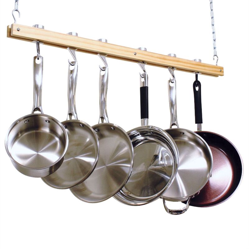 Ceiling Mounted Wooden Pan Rack – Single Bar Design with 4 Hanging Hooks