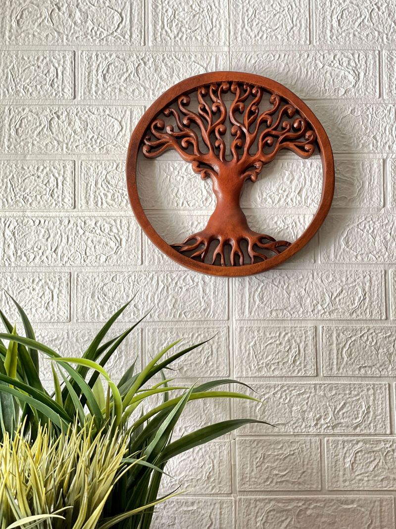 Hand Carved Mahogany Tree Of Life Wood Wall Plaque - 11.5 Inch Diameter image number 5