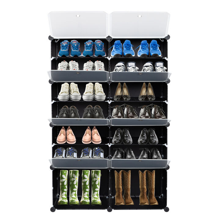 7-Tier Portable Shoe Rack 28-Pair Expandable Storage Organizer with 14 Grids for Heels, Boots & Slippers