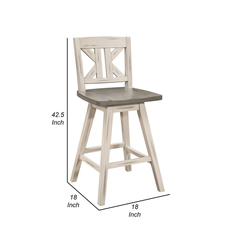 Ati 29 Inch Bar Height Stool Swivel Chairs Set of 2, Divided X Back, Gray, White