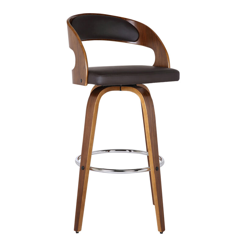 Shelly Bar Height Swivel Brown Faux Leather and Walnut Wood Bar Stool