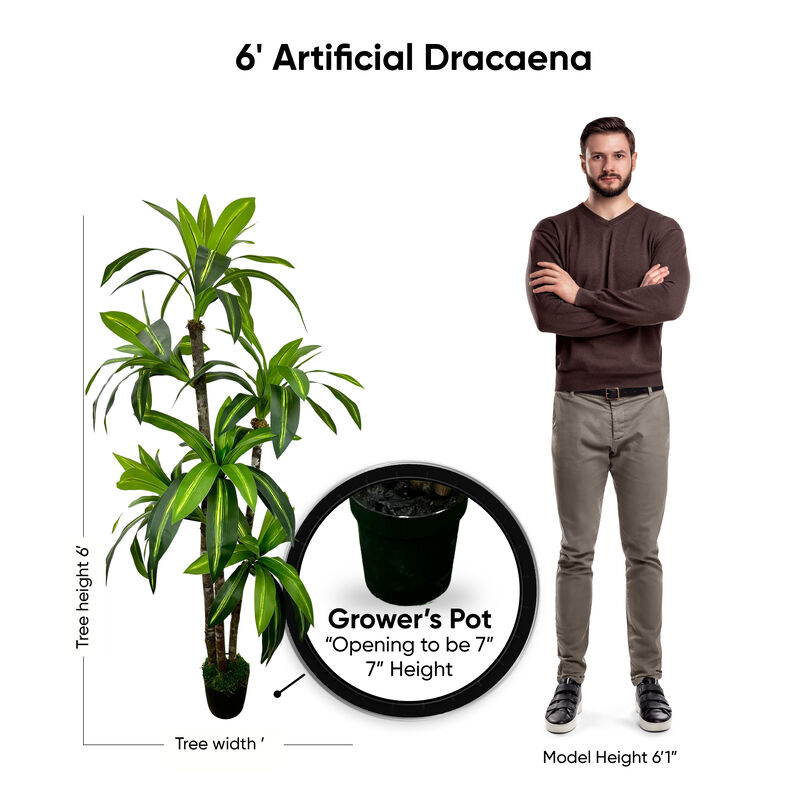 Handmade 6' Artificial Dracaena Tree In Home Basics Starter Pot Made with Real Wood and Moss Accents
