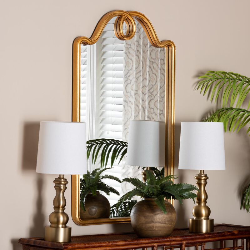 Baxton Studio Elian Gold Wall Mirror with Decorative Top &ndash; Elegant Rectangular Accent Mirror for Entryway, Living Room, or Bedroom