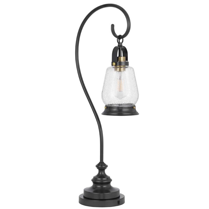 Table Lamp, Vintage Lantern Style, Bubble Glass Shade, Black Metal 32 Inch