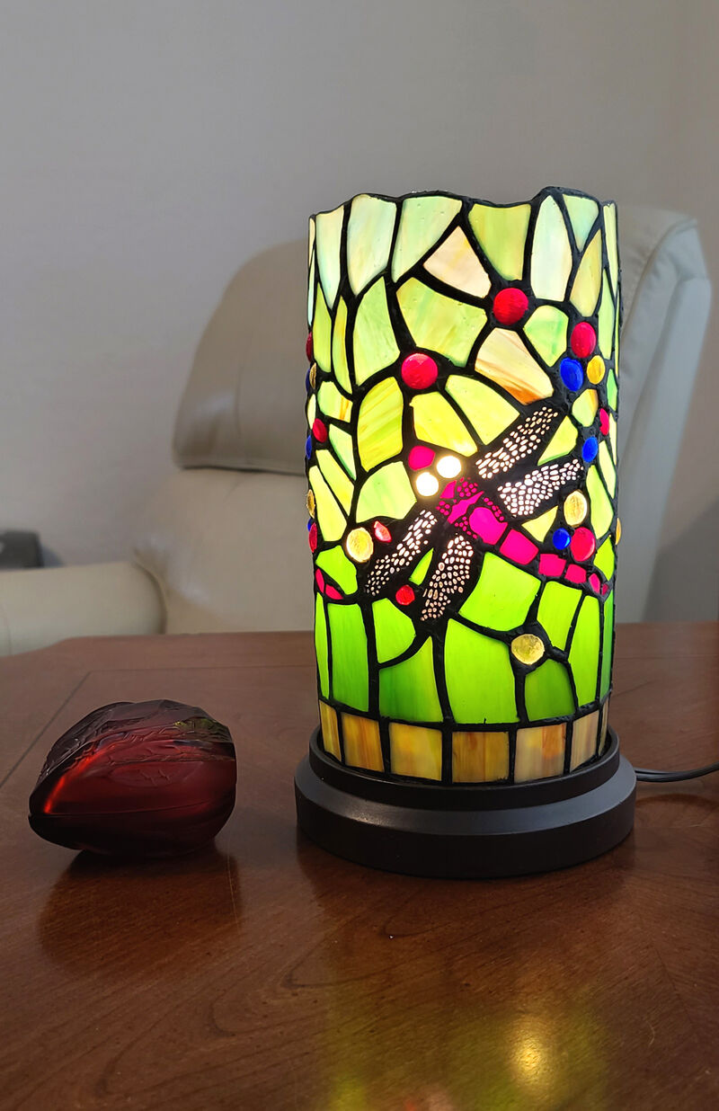 Hivvago 11" Green and Pink Dragonfly Stained Glass Accent Lamp