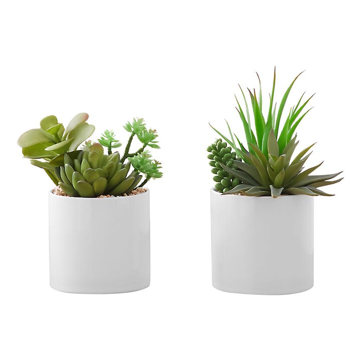 Monarch Specialties I 9588 - Artificial Plant, 7" Tall, Succulent, Indoor, Faux, Fake, Table, Greenery, Potted, Set Of 2, Decorative, Green Plants, White Ceramic Pots