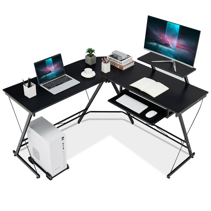 Costway L Shaped Computer Desk Home Office Workstation w/ Movable Monitor Stand Black