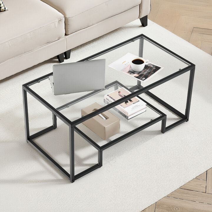VEVOR Tempered Glass Coffee Table 2 Tiers Rectangle Center Desk with Metal Frame