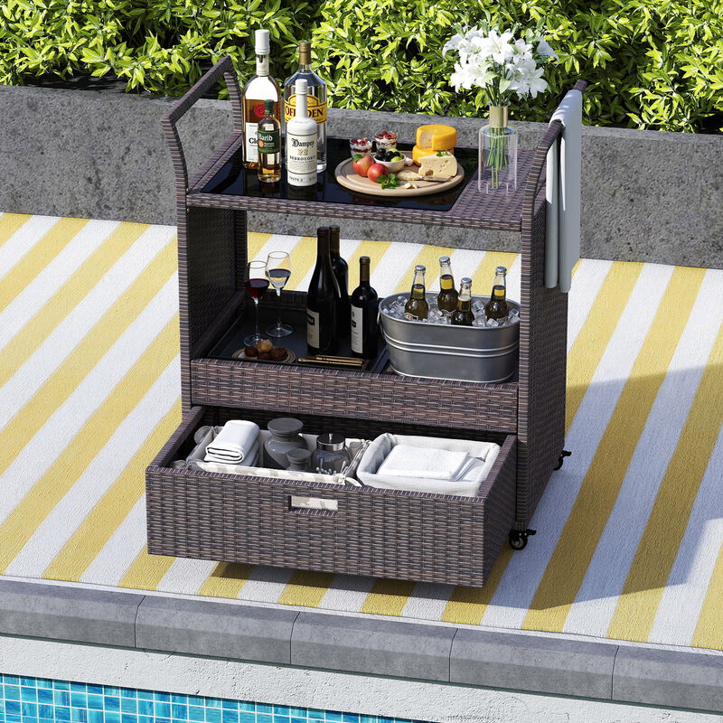 Outdoor Rattan Bar Cart Table with Tempered Glass Top and Storage-Mix Brown image number 4