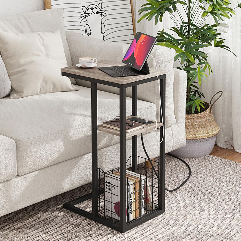 Vagusicc C Shaped End Table with Charging Station, Side Table for Couch, Small Side End Table for Small Spaces, 28"" High Slide