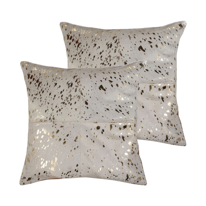 HomeRoots Set of Two 18" Natural and Gold Abstract Cowhide Throw Pillows with Glitter