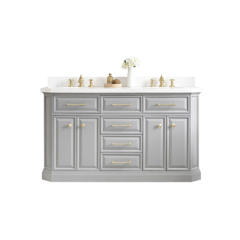 Palace 60 In. Double Sink Carrara Quartz Countertop Bath Vanity in Cashmere Grey with Satin Gold Hardware