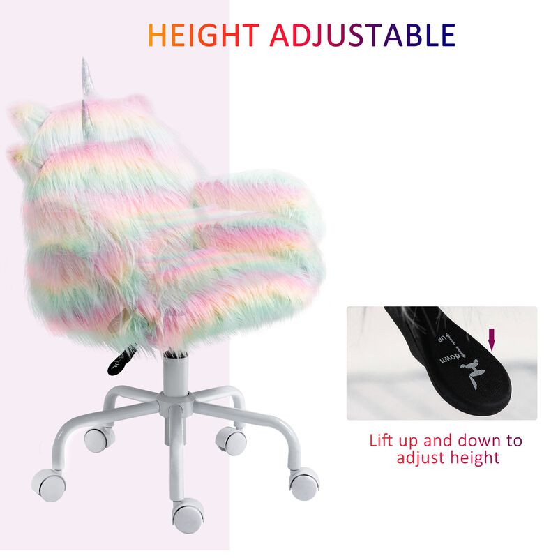 Vanity Chair, Fluffy Unicorn Office Desk Chair with Mid-Back, Armrest & 5 Smooth Nylon Casters for Home Makeup Room, Swivel Chair, Rainbow