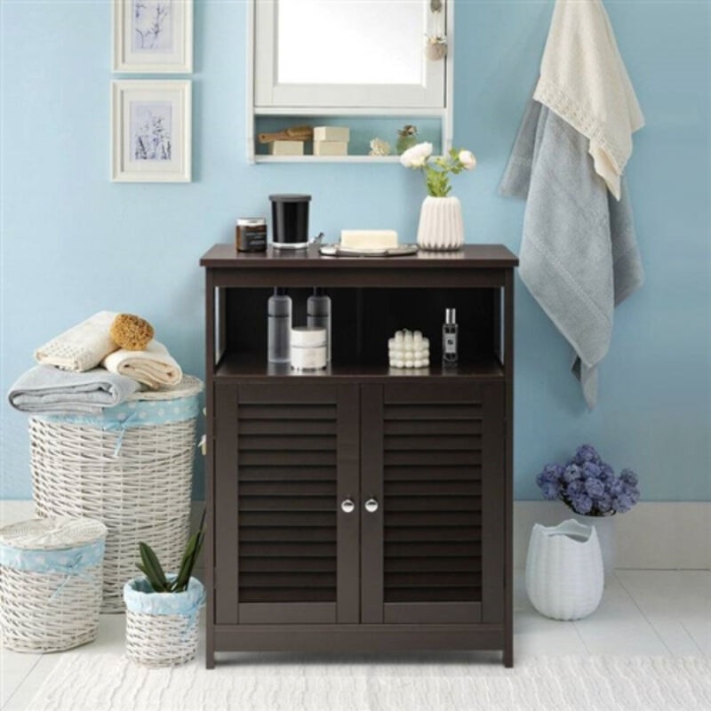 Rustic Farmhouse Linen Tower Cabinet with Slatted Doors and Open Shelf