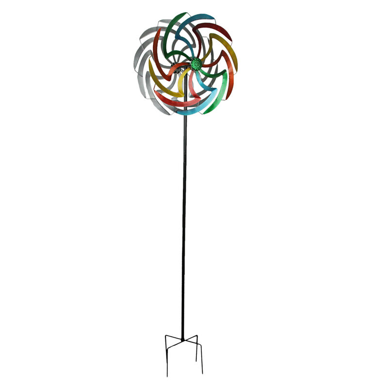 Colorful Anodized Finish Dual Flower Metal Wind Spinner Garden Stake 70 Inches image number 0