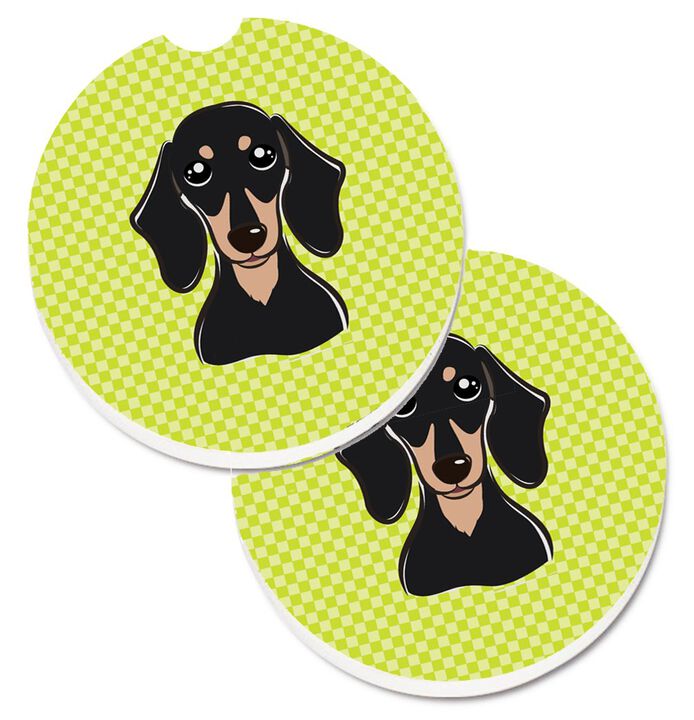 Caroline's Treasures Checkerboard Lime green Smooth black & Tan Dachshund Set of 2 Cup Holder Car Coasters BB1277CARC, 2.56, Multicolor
