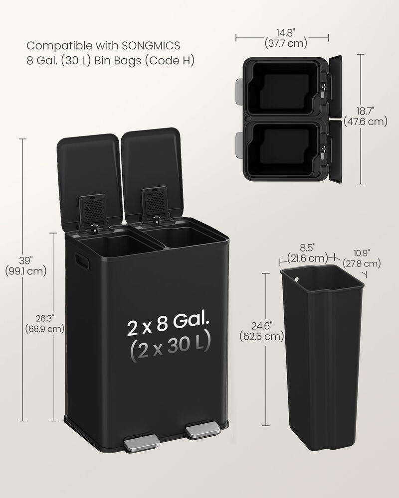 2 x 8 Gallon Dual Trash Can Soft Close Pedal Removable Buckets image number 4