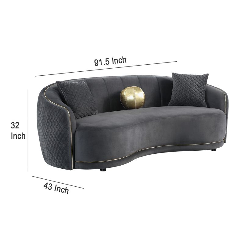 Buo Curved Sofa, 92 Inch, Dark Gray Polyester, Gold Trim, 3 Pillows - Benzara