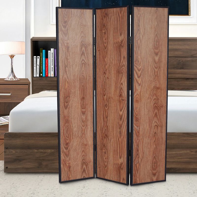3 Panel Foldable Wooden Screen with Grain Details, Brown-Benzara