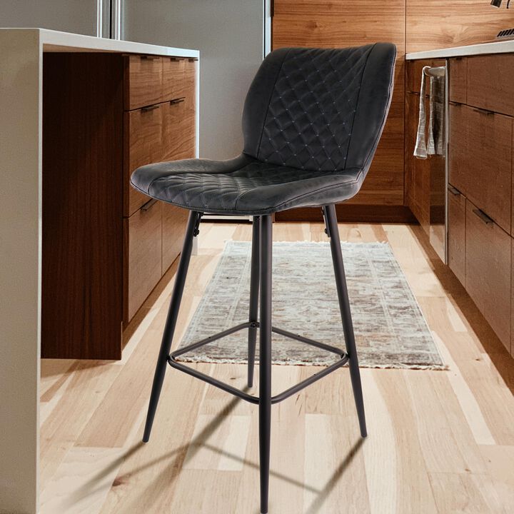 Elama 2 Piece Diamond Stitched Faux Leather Bar Chair in Black with Metal Legs