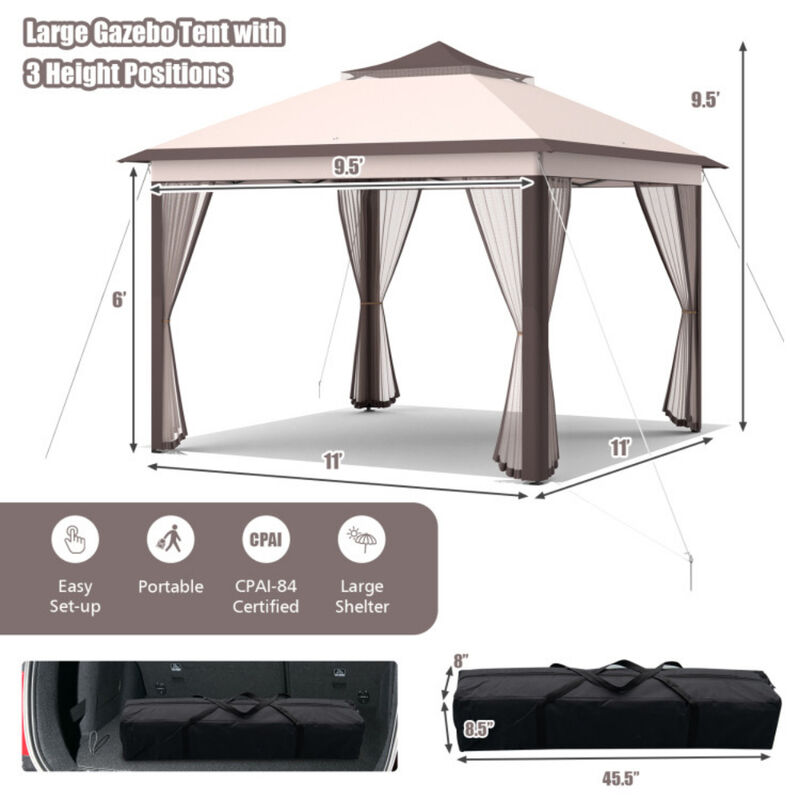 2-Tier 11&times;11 ft Pop-Up Gazebo Canopy Tent with Mesh and Portable Carry Bag image number 2