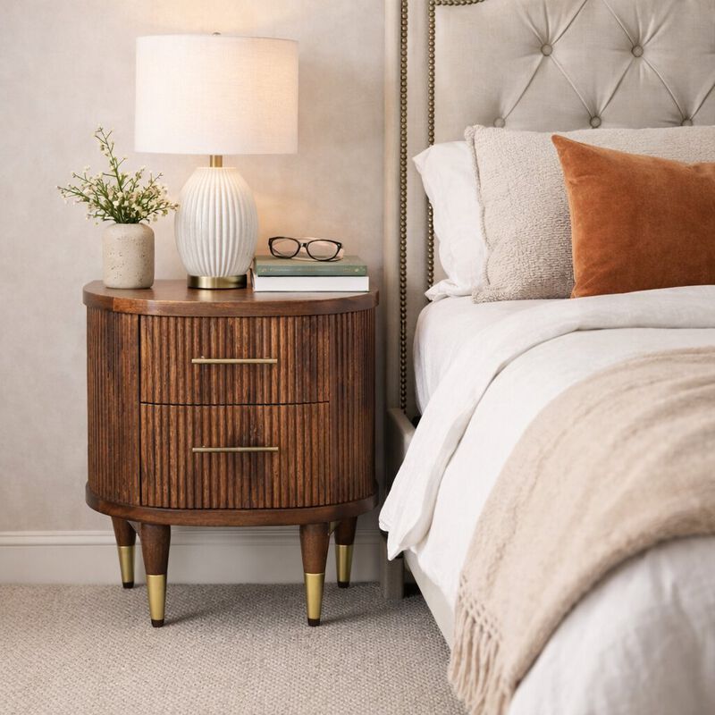 Artisan Furniture Solid Wood Ribbed Bedside with Brass Handles,2 Drawers, Brown image number 1