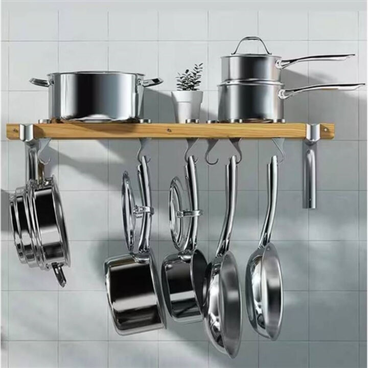 Metal & Wood Wall Pot Rack Hanging Kitchen Organizer with 6 Adjustable Swivel Hooks