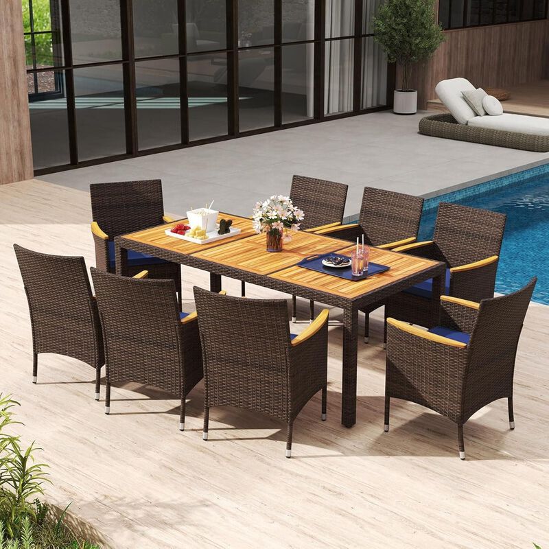 Mondawe 9-Piece Outdoor Dining Set, 1 Acacia Table & 8 PE Rattan Chairs With Padded Cushions