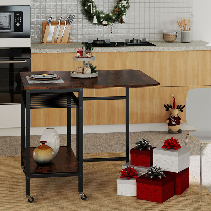 Expandable Folding Dining Table with Laptop Tray, Wine Rack, and Casters-Rustic Brown