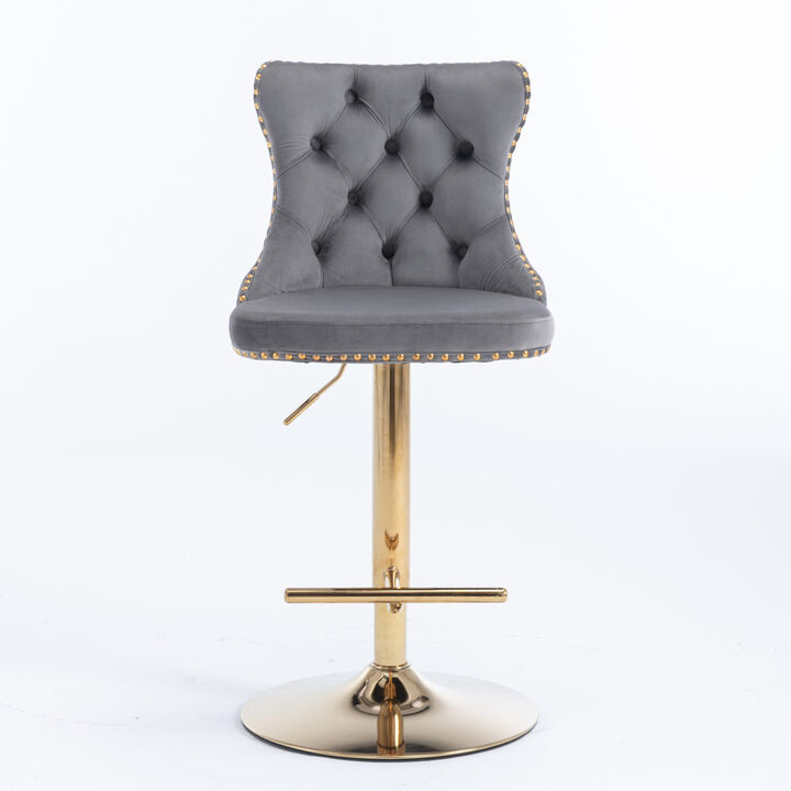 Streamdale Set of 2 Gray Velvet Bar Stools, Adjustable Height