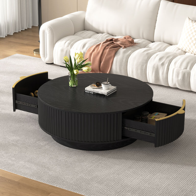 Merax Contemporary Round Coffee Table with Fluted Side Detailing, Concealed Drawers & Gold image number 2