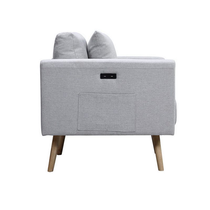 Mico 33 Inch Modern Sofa Chair with USB Ports and Pocket, Light Gray Fabric-Benzara