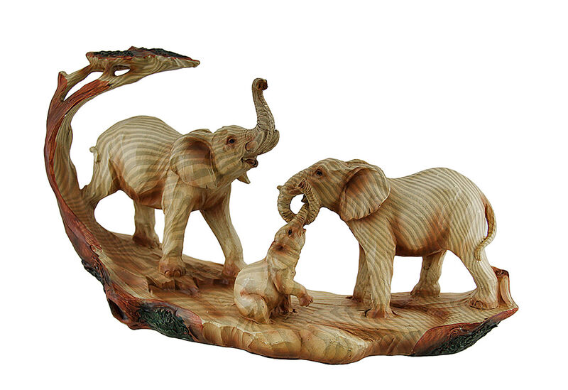 Elephant Family Safari Carved Wood Look Decorative Statue image number 0