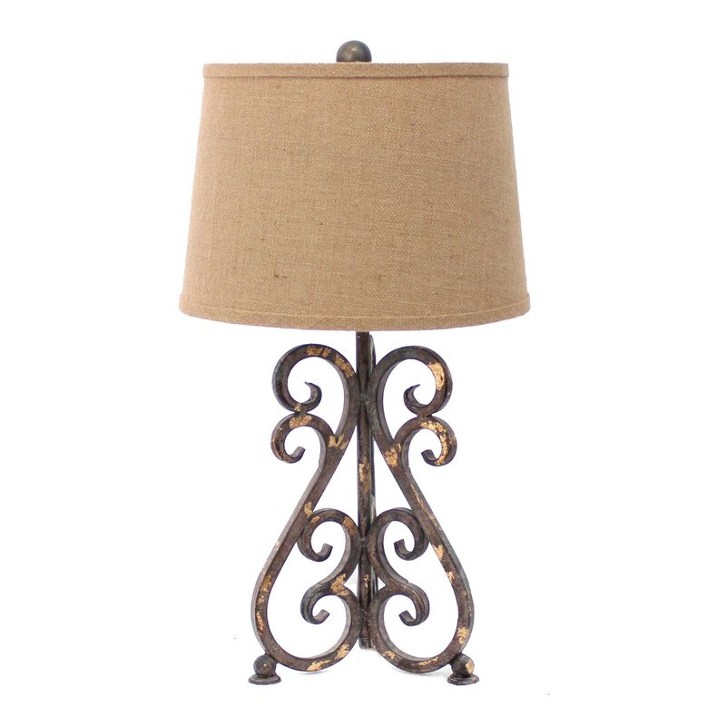 Metal Table Lamp Set of 2 with Scroll Design Base and 2 Way Switch,Bronze and Beige
