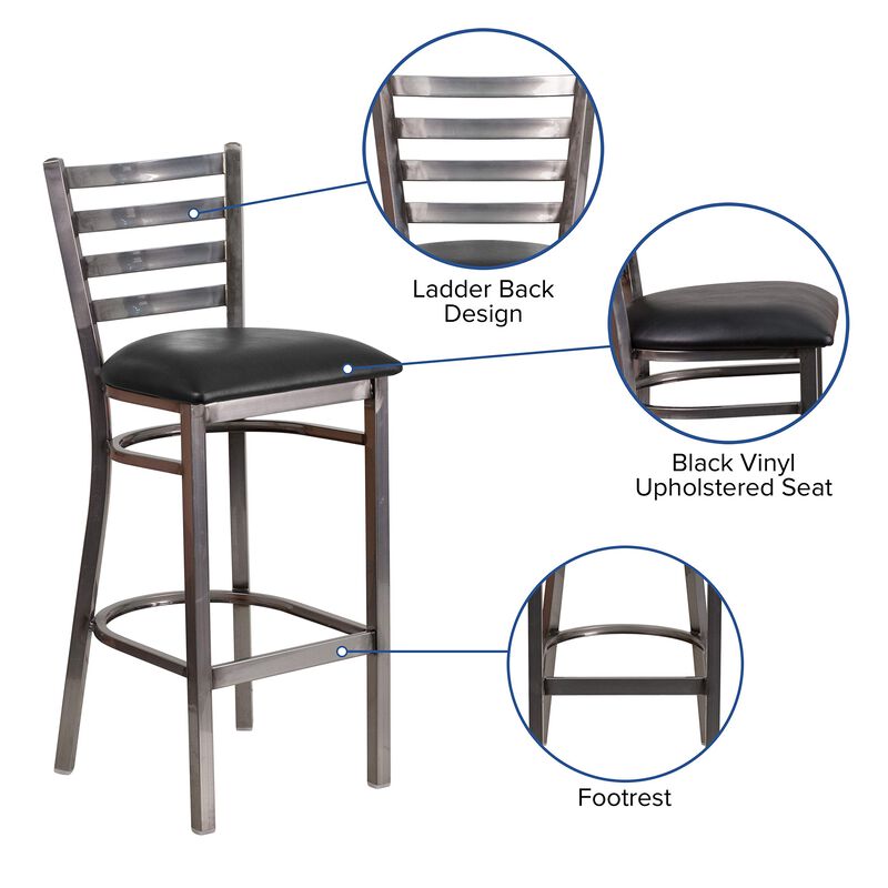 Flash Furniture HERCULES Series Clear Coated Ladder Back Metal Restaurant Barstool - Black Vinyl Seat