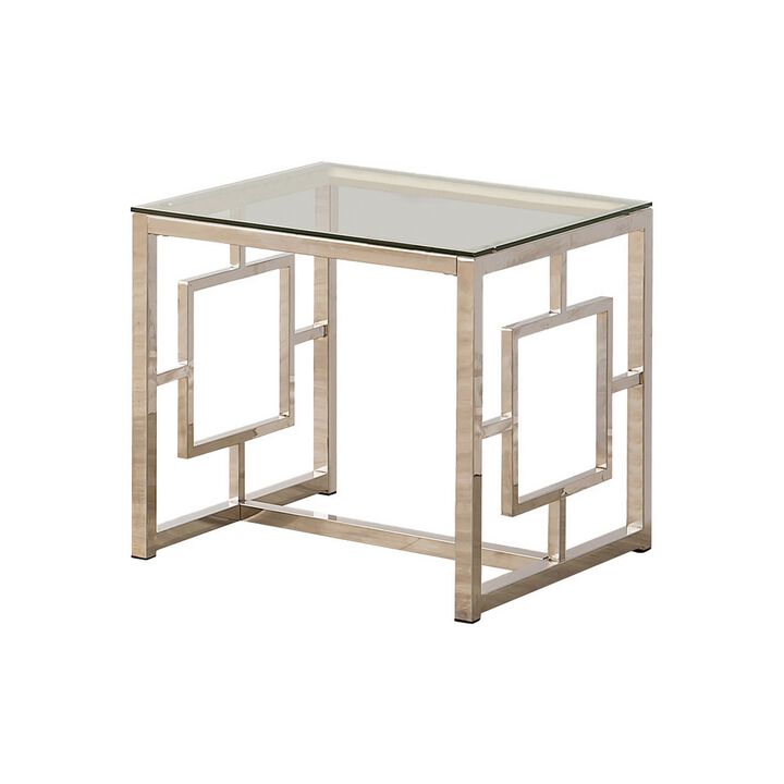Tempered Glass Top End Table with Lattice Cut Out Panels, Silver and Clear-Benzara