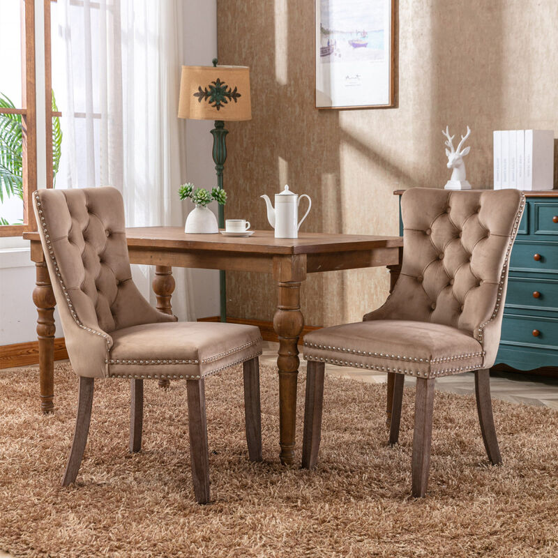 Streamdale 2 Pieces Set, Khaki Velvet Dining Chairs With Wood Legs