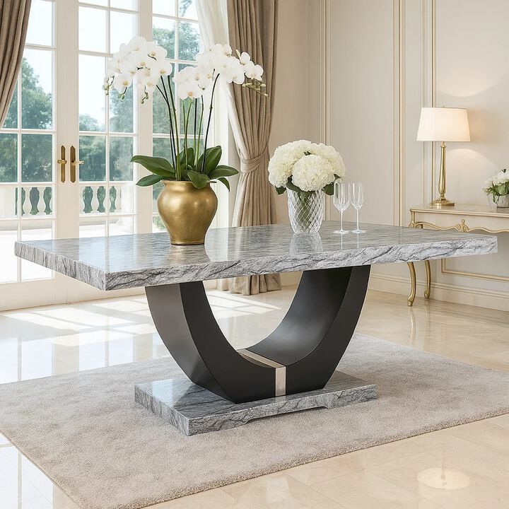 Lira Dining Table, 78 Inch Faux Marble Top, Black U Shaped Pedestal