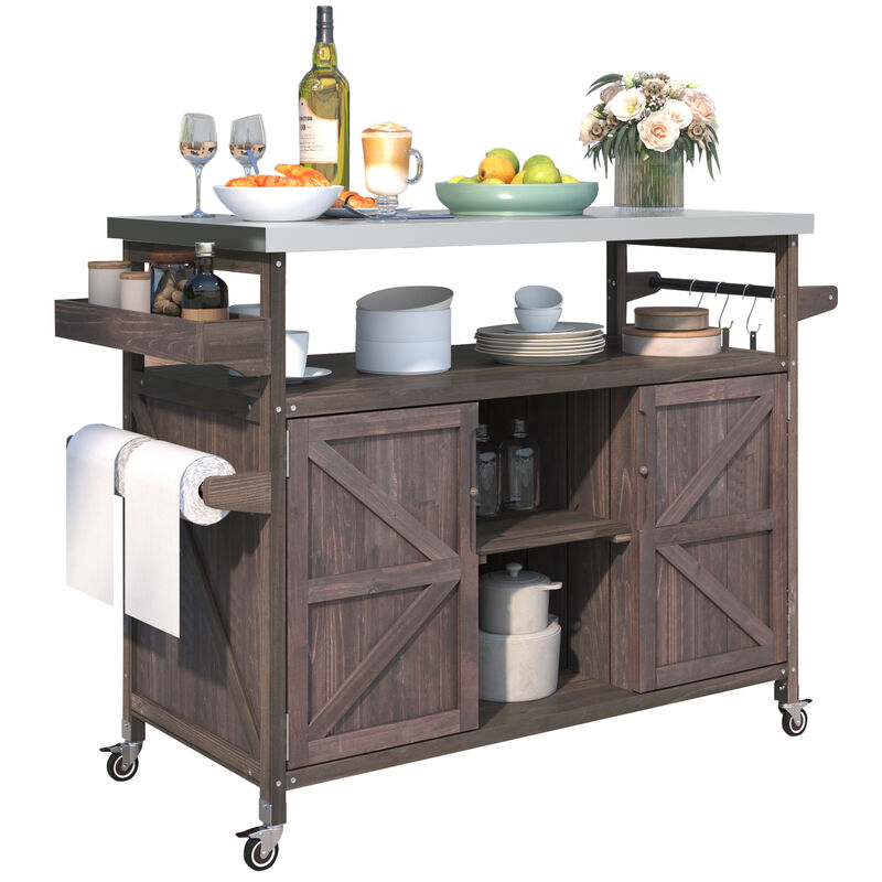 Whisen Farmhouse Kitchen Island with Storage Cabinet, Spice Rack, Towel Rack and 4 Wheels - Dark Brown