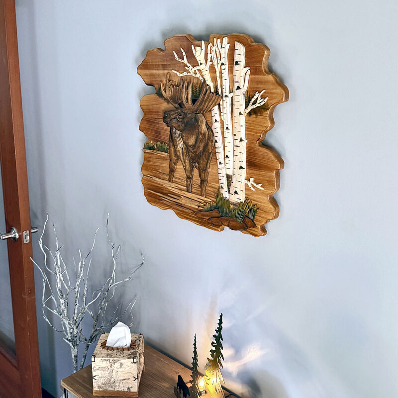 Moose in Birch Forest 23.5 inch Rustic Intarsia Wood Wall Art Sculpture image number 6