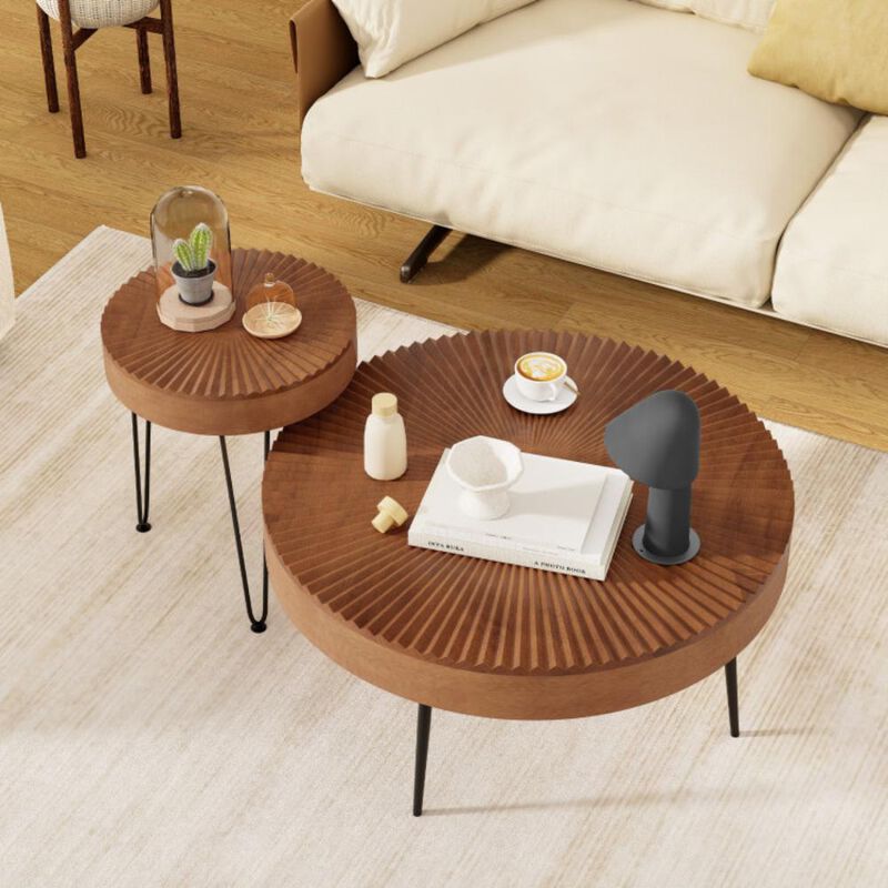 Hivvago Set of 2 Boho Round Coffee Table with Solid Pine Wood Top and Metal Legs