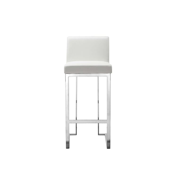 Boly 30 Inch Barstool Chair, White Faux Leather, Cushions, Chrome Steel - Benzara