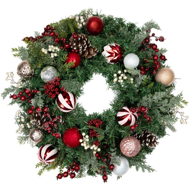 Mixed Pine Ornaments and Pinecones Artificial Christmas Wreath  28-Inch  Unlit