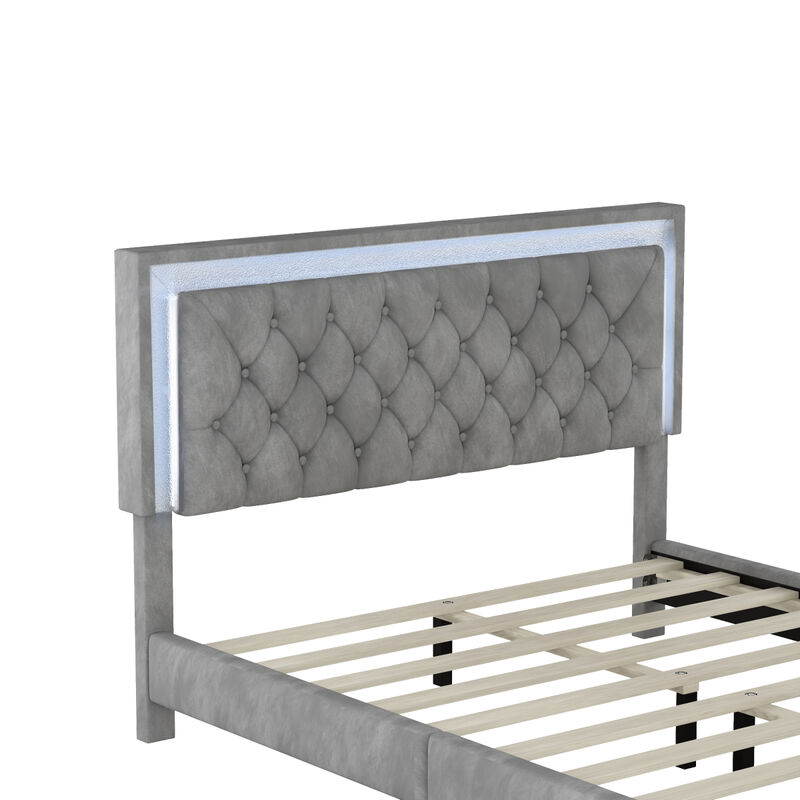 Queen Size Upholstered Bed Frame with LED Lights, Modern Velvet Platform Bed with Tufted Headboard, Gray
