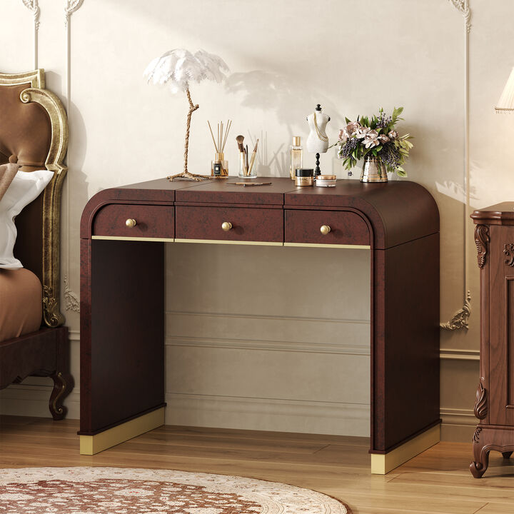 Merax Retro Vanity Desk with Flip Mirror & Hidden Compartment, 2 Drawers, Gold Accents