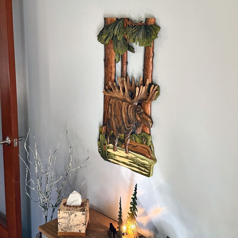 31x17 Intarsia Wood Moose Wall Sculpture Rustic Cabin Lodge Wildlife Decor image number 6