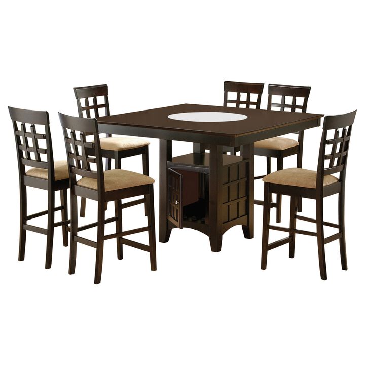 Uric Counter Height Dining Table w Wine Storage, 6 Lattice Chairs, Brown - Benzara