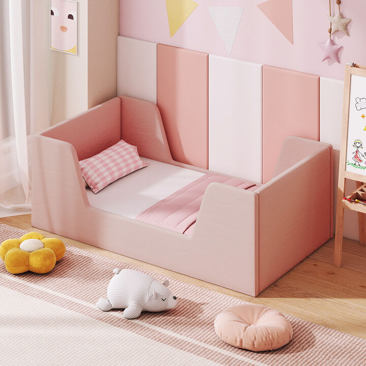 Velvet Upholstered Toddler Bed Frame with Protective Safety Rails